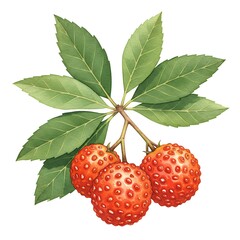Watercolor botanical illustration of ripe bunchberries with detailed leaves