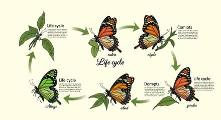 Butterfly life cycle stages illustrated on a light background.