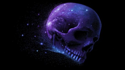 A vibrant skull composed of colorful cosmic elements, appearing to dissolve into stars and galaxies, creating a striking visual against the black backdrop.