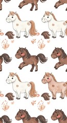 Watercolor Horses Seamless Pattern on White Background for Children's Designs