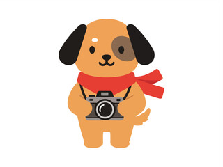A cute cartoon dog character acting as a photographer with a camera and red scarf