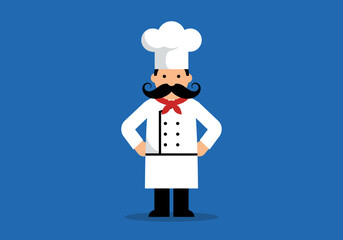 Chef Illustration in Uniform with a White Hat and Apron on Blue