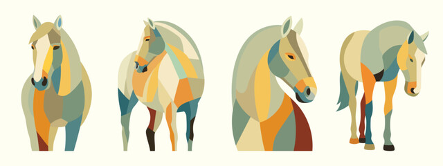 Colorful Geometric Horse Illustrations in Modern Abstract Style. Chinese New Year Horses Template.