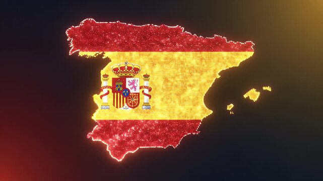 Fiery glowing map of Spain with the national flag inside on a dark background for a patriotic design.