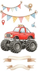 Watercolor Red Monster Truck Celebration with Banners and Ribbons Design