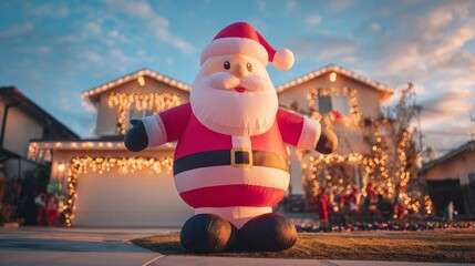 inflatable Santa Claus doll in front of a Christmas-decorated house