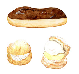 手描き水彩の甘くて美味しいエクレアとシュークリームのイラストセット / Sweet and Delicious Hand-painted Watercolor Eclairs and Cream Puffs Illustration Set