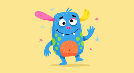 Cute friendly blue cartoon monster waving happily.