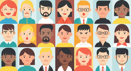 Diverse collection of illustrated faces representing various emotions and expressions.