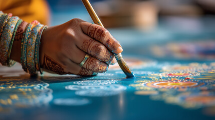 Obraz premium Close-up of hand painting intricate rangoli design during Jal Utsav Festival in India, traditional artwork showcasing cultural heritage and festive spirit with bright colors and details