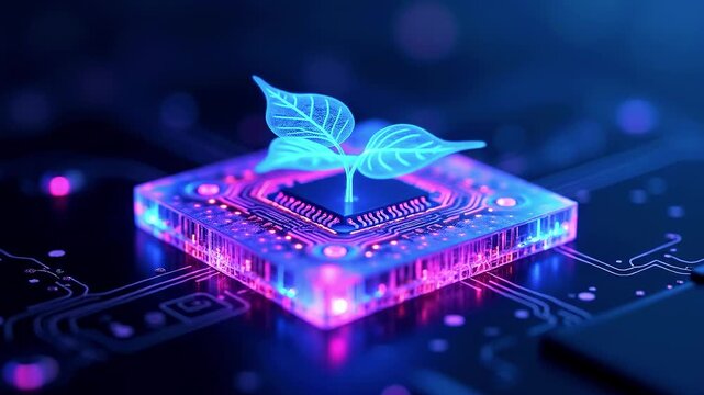 A glowing microchip rests on a circuit board, with a blue leaf hologram hovering above and luminous
