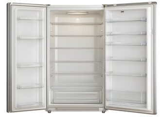 Fototapeta premium Empty, open refrigerator with doors ajar, showcasing pristine, transparent shelves and a bright interior light, contrasting against the clean, white interior and a dark backdrop for a minimalist look.