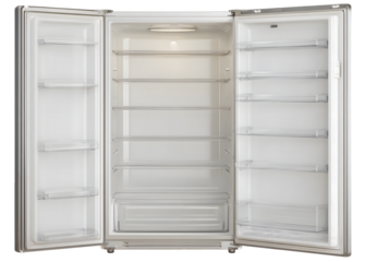 Empty, open refrigerator with doors ajar, showcasing pristine, transparent shelves and a bright interior light, contrasting against the clean, white interior and a dark backdrop for a minimalist look.