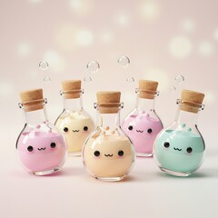 Whimsical pastel potions with cute faces and cork stoppers on a soft background