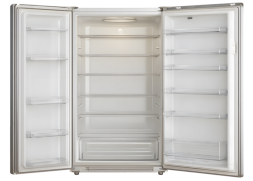Empty, open refrigerator with doors ajar, showcasing pristine, transparent shelves and a bright interior light, contrasting against the clean, white interior and a dark backdrop for a minimalist look. - Powered by Adobe