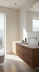 Modern minimalist bathroom interior featuring a wooden vanity and serene natural light creates a