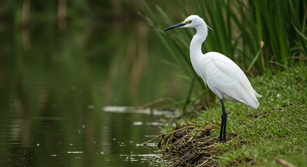 Fototapeta premium Elegant Snowy Egret Standing Tall by the Pondside in Natural Habitat