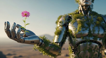 Robot Holding Flower Nature, Technology, Future, Artificial Intelligence