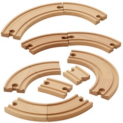 Wooden railway track segments for creative toy train layouts on white backdrop