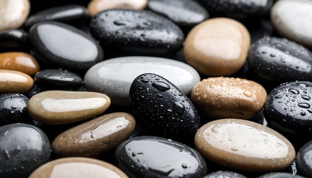 Close-up of smooth stones with water droplets