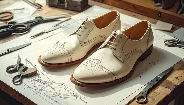 Cream-colored men's shoes on a blueprint, surrounded by tools on a wood surface