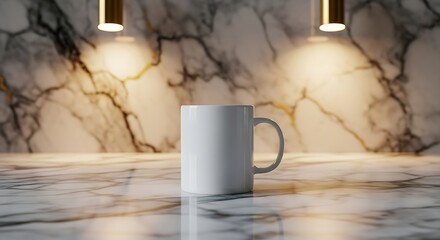 Elegant Coffee Mug Mockup on a Marble Countertop with Golden Lighting