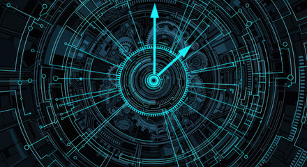 Futuristic technological clock face with intricate glowing blue circuits and gears representing time.