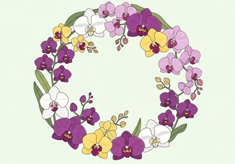 Floral wreath composed of delicately drawn multicolored orchid blossoms
