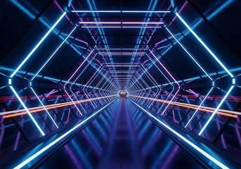 Futuristic corridor with neon lights leading into an unknown distant point representing technological advancements and