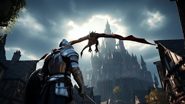 A brave knight in full armor stands ready to confront a flying dragon in front of a dark medieval castle.
