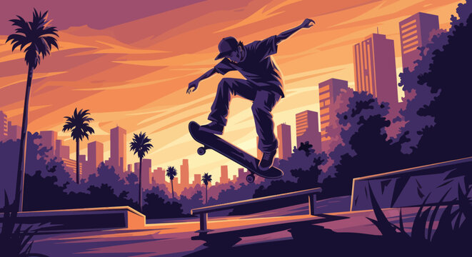 Skateboarder performing an ollie trick in mid-air.