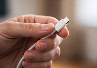 Hand Holding Modern USB Type-C Connector Cable Charging Data Transfer