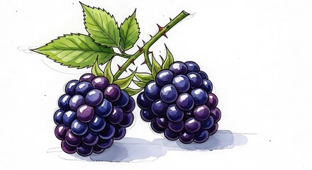 Illustration of ripe blackberries, highlighting the intricate details of the fruit and leaves with detailed watercolor