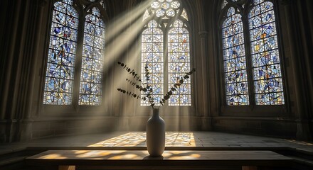 Light streams through stained glass illuminating church interior