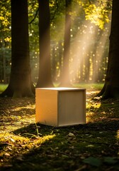 Mystical box in sunlit woods, intriguing mystery unfolds under golden forest light