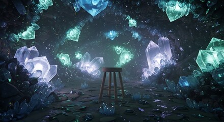 Mystical crystal cave illuminated with soft glow and wooden stool