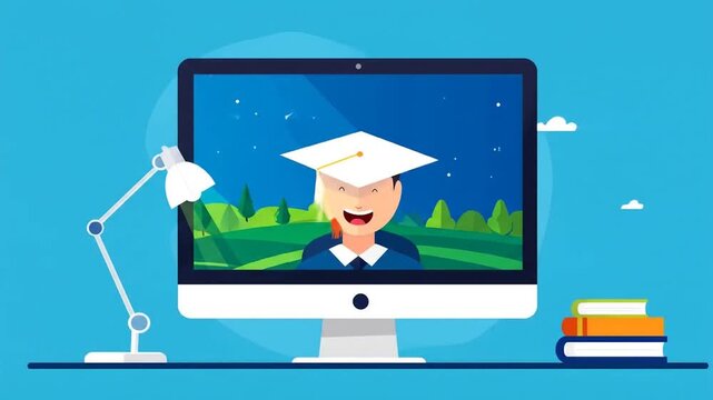 Online Graduation Celebration: Cartoon Student on Computer Screen
