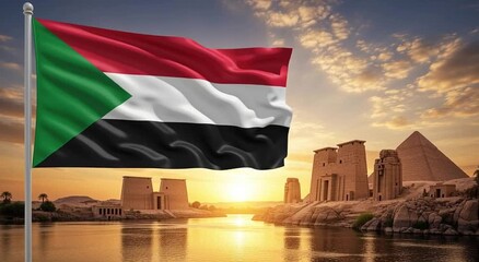 Sudan flag waving over ancient egyptian ruins and the nile river at sunset scenery