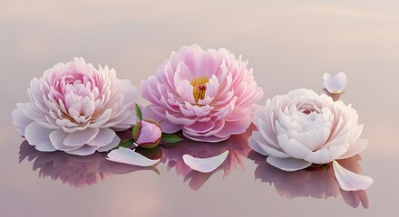 Serene arrangement of blush pink peonies with delicate petals and soft reflections creating a peaceful floral ambiance