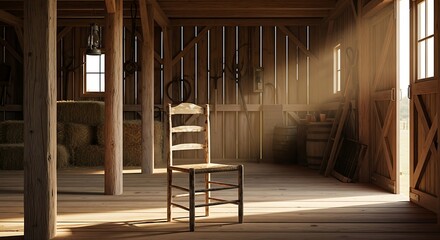 Rustic wooden barn interior, featuring an old wooden chair bathed in soft sunlight streaming through weathered walls