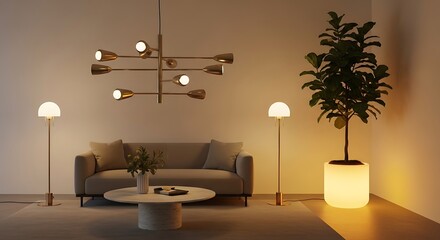 Serene interior featuring a modern living room with ambient lighting and a vibrant indoor plant creates a calming