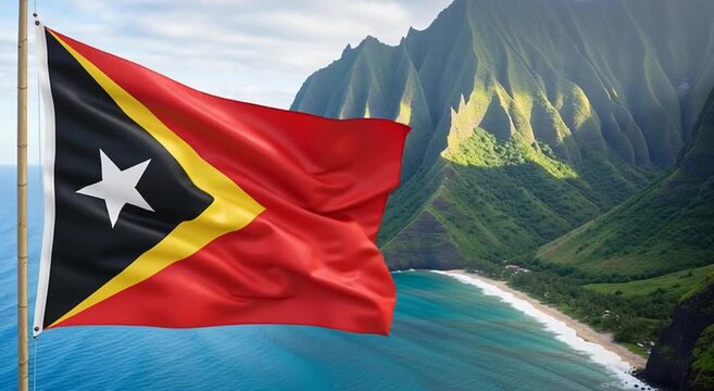 East timor flag waving gently against a backdrop of lush green mountains and ocean view