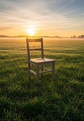 Solitary chair basking in golden morning light on expansive grassy field creating a tranquil scene