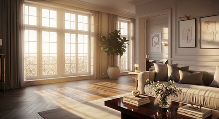 Sophisticated living room bathed in sunlight offering an ambiance of serene elegance and contemporary luxury