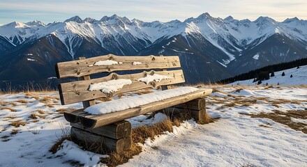 Solitary wooden bench draped in fresh snow against a backdrop of majestic mountain range