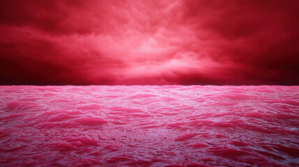 Serene Landscape of Pink Water under Dramatic Red Sky at Dusk with Layered Clouds and Reflective Waves Creating a Surreal Atmosphere