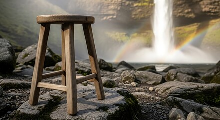 Wooden stool on rugged rocks with cascading waterfall and rainbow backdrop scenery calm peaceful zen balanced
