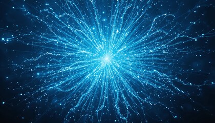 Abstract background showing a futuristic blue particle explosion with glowing streams of light, a dynamic visualization of a quantum singularity or cosmic energy burst