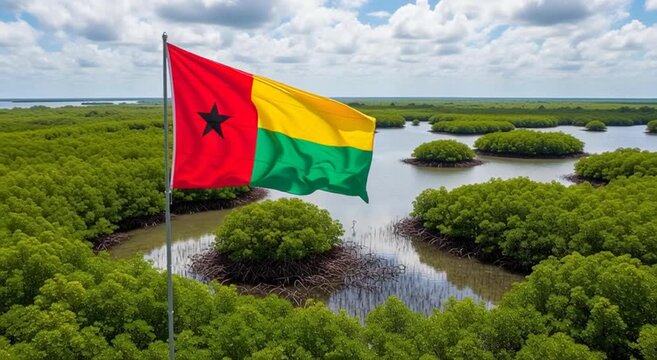 Guinea bissau flag waving over mangrove forest landscape near water and cloudy skies