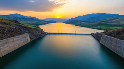 Scenic View of a Reservoir at Sunset with Mountains, Calm Waters and Vibrant Sky in the Background, Capturing Nature's Tranquility and Beauty
